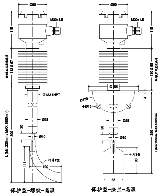 高溫Spin-11P保護(hù)型阻旋料位開關(guān)尺寸圖